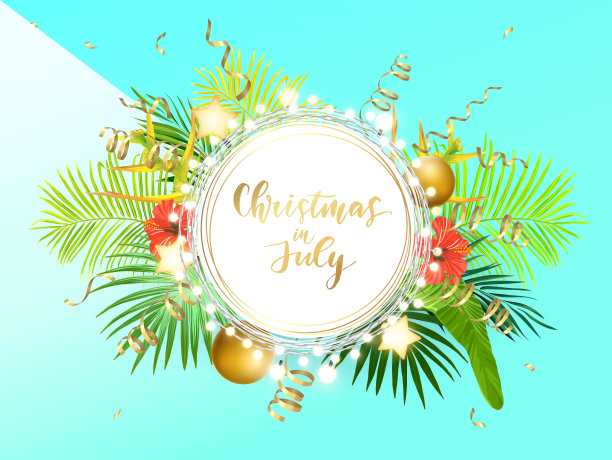 圣诞节在夏季的海滩设计与绿色的棕榈叶，热带花卉，圣诞球，装饰灯泡和金色发光的星星，矢量插图。图片下载