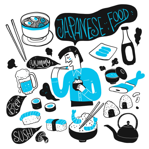 男人和日本食物。收集手绘，矢量插图在素描涂鸦风格。图片下载