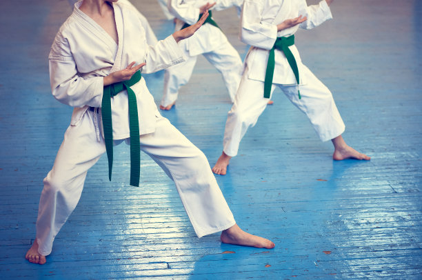 孩子们在练习空手道。带有文本空间的横幅。复古的风格。用于网页或广告印刷。照片没有脸。图片下载