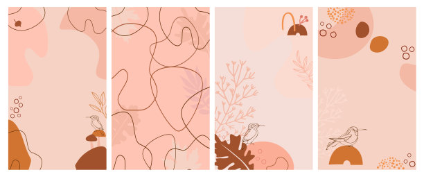 一套抽象的垂直背景与秋天的元素，形状和植物在一个线风格。图片下载