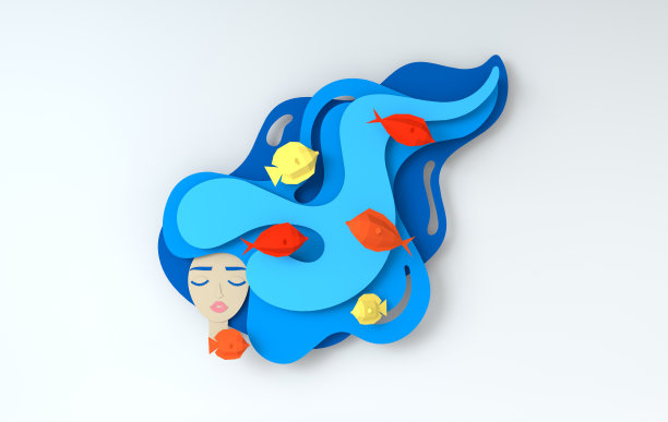 3d渲染肖像的年轻美丽的女人美人鱼与长波浪的头发。纸下的海洋生物有鱼，有浪。剪纸的风格。深蓝海洋生物，潜水概念。海洋野生动物图片下载