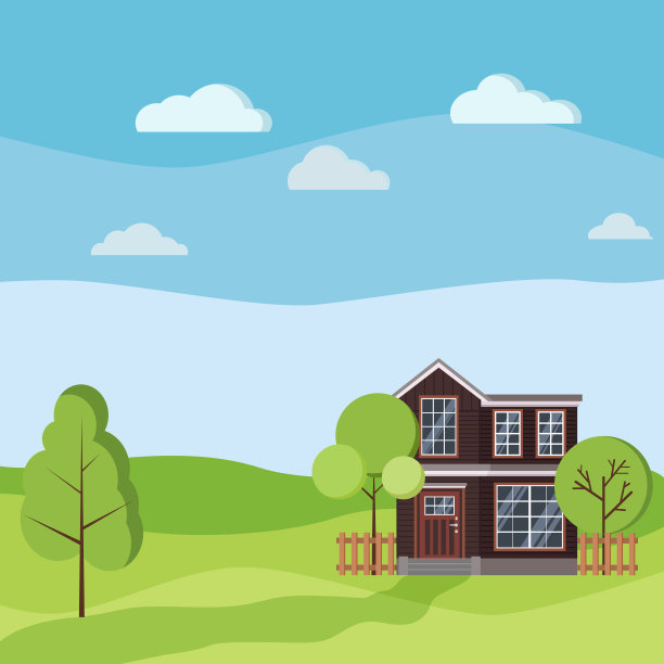 夏季或春季有乡村景观的两层房子用木栅栏围起来。图片下载