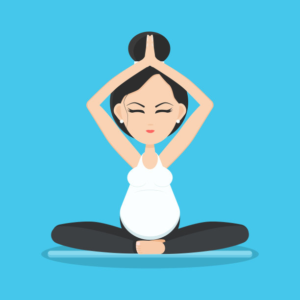 孤立的微笑孕妇沉思和放松在瑜伽垫瑜伽姿势。素材图片