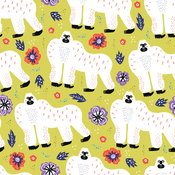 大猩猩卡通手绘无缝图案图片下载