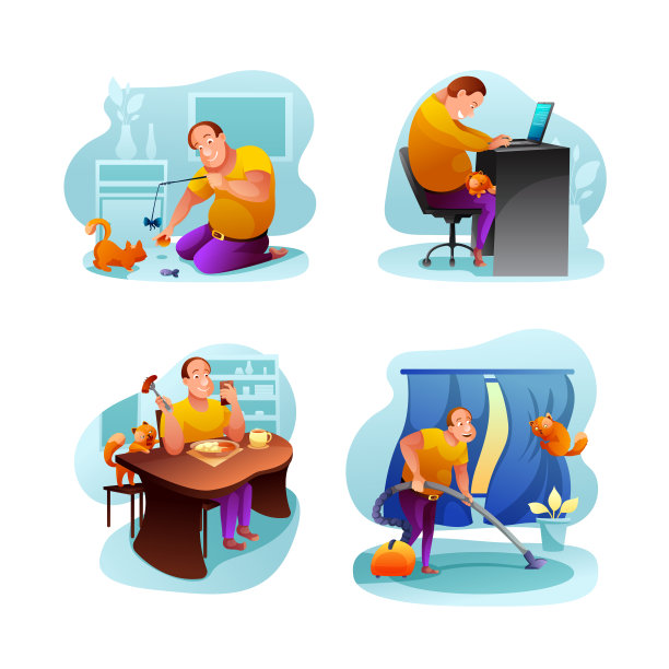 生活与猫平面矢量插图集图片下载