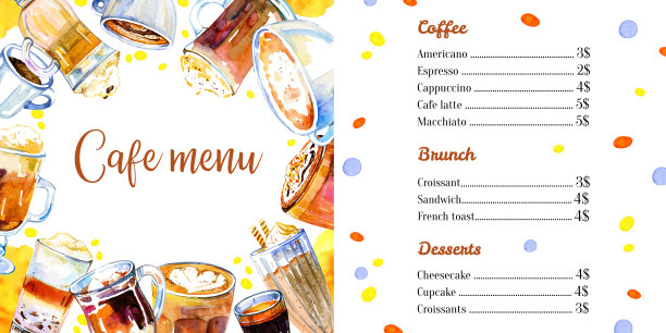 咖啡馆菜单设计模板与列表的饮料。水彩手绘素描插图与眼镜和杯子图片下载