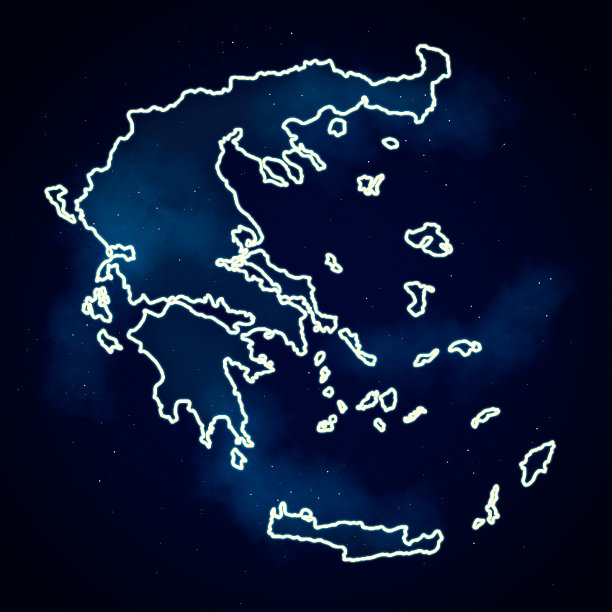 希腊地图，绘制的土地和岛屿的模板，发光的边界在一个蓝色的背景图片下载