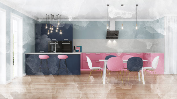 现代房子内部。粉红色的厨房。水彩。3 d渲染。图片下载