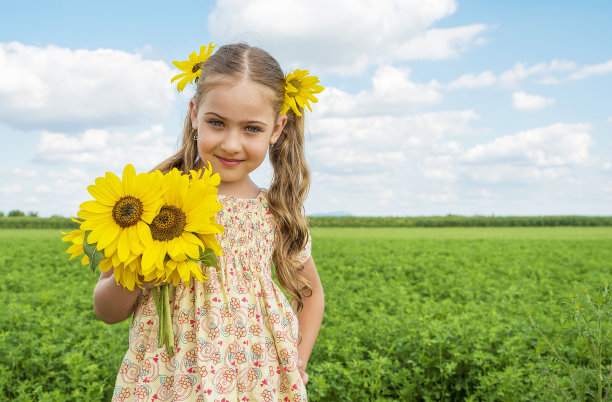 可爱的小女孩捧着向日葵，在大自然中享受，在夏日里欢笑图片下载
