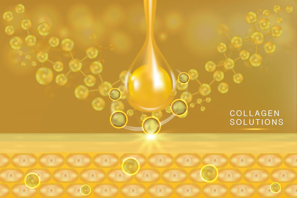 透明质酸皮肤液广告，黄金胶原蛋白血清滴与化妆品广告背景随时使用图片下载