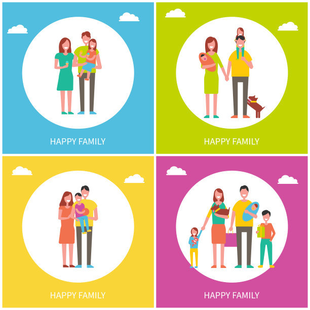 幸福家庭一套海报矢量插图图片下载