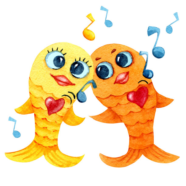 又唱又跳的金鱼。卡通人物在水彩。儿童绘画与鱼，笔记和播放器的设计印刷，背景，封面，墙纸，包装，床上用品，剪贴簿图片下载