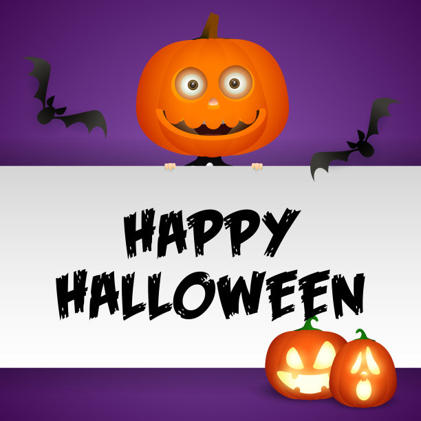 万圣节快乐明信片设计南瓜头，飞行的蝙蝠图片下载