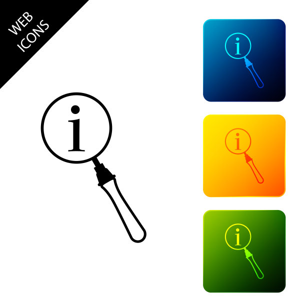 放大镜和信息图标隔离。用信息符号搜索。设置图标彩色的方形按钮。矢量图图片下载