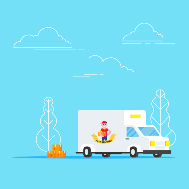快速送货车辆汽车面包车和男孩角色和箱子平面风格的设计矢量插图隔离在浅蓝色背景上。快递公司的标志。图片下载