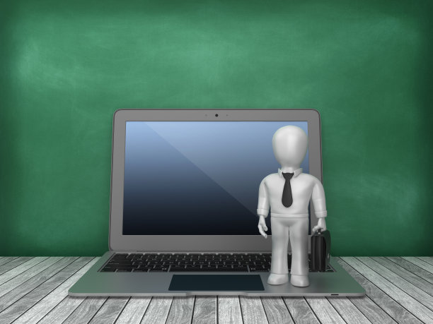 笔记本电脑与商业字符在黑板背景- 3D渲染图片下载