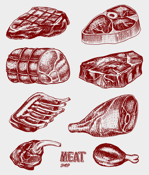 牛肉，猪肉排，鸡腿，肉卷，培根和排骨。复古风格的烤肉。餐厅菜单、标志或徽章的模板。手绘草图图片下载
