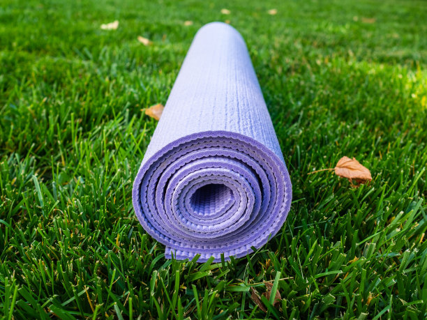 绿色的草地上铺着健身垫。紫色瑜伽垫或普拉提图片下载