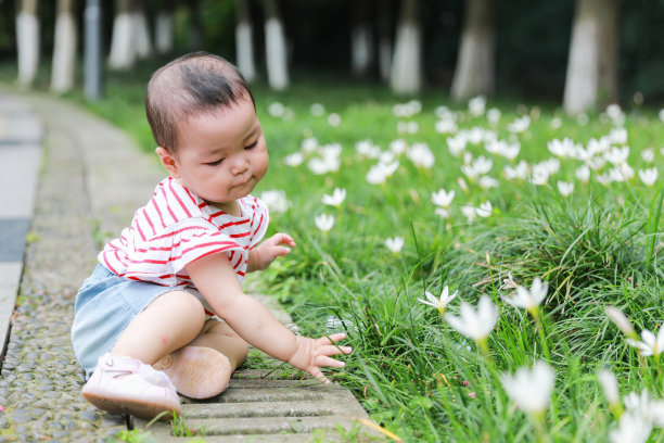 一名中国女童蹲在公园路边的花坛旁图片下载