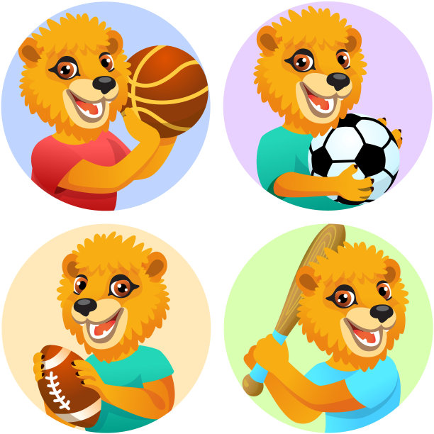 篮球、足球、美式足球和棒球的运动标志，t恤上有一只野生狮子作为运动员图片下载