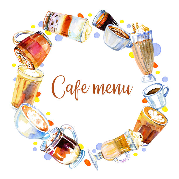 圆框设计模板与咖啡饮料。水彩手绘素描插图与眼镜和杯子图片下载