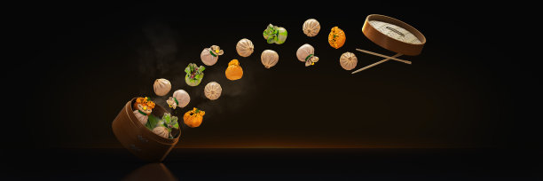 各种各样的点心在竹蒸汽容器。三维渲染图片下载