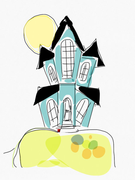 鬼屋素描图像，万圣节大厦的卡通图片和简单的房子矢量插图在山上与艺术作品和线条艺术显示黑色的屋顶，拱形的窗户和前门，满月/太阳在孤立的房子后面的背景图片下载