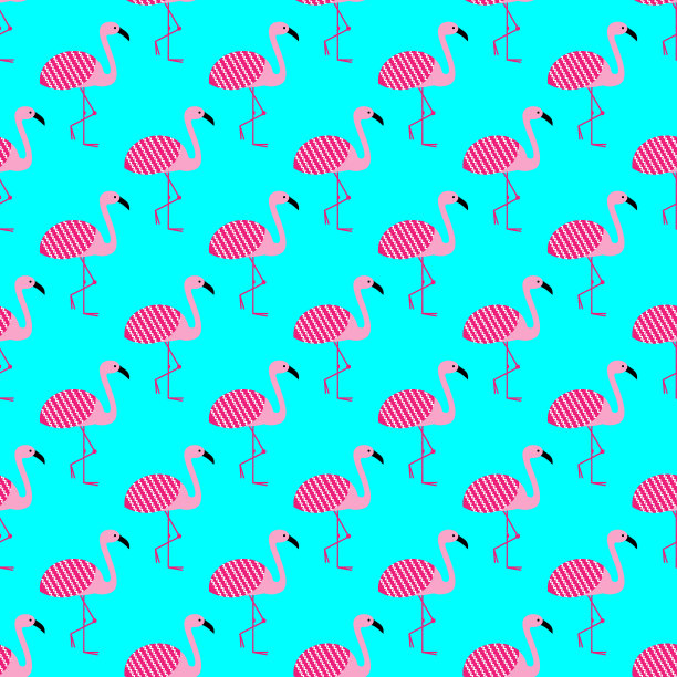 粉红色火烈鸟夏季无缝图案上的蓝色背景。矢量插图。图片下载