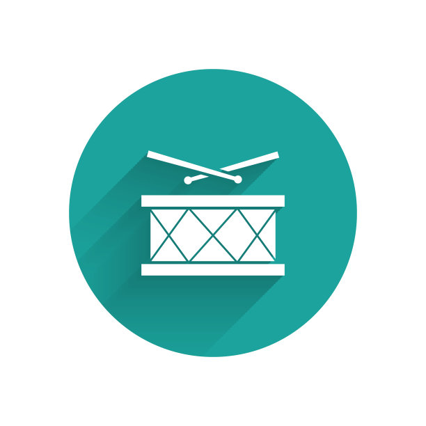 白鼓与鼓槌图标孤立与长影子。音乐符号。乐器的象征。绿色圆圈按钮。矢量图图片下载