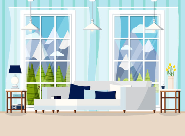 舒适的客厅家庭内部背景与窗户。图片下载