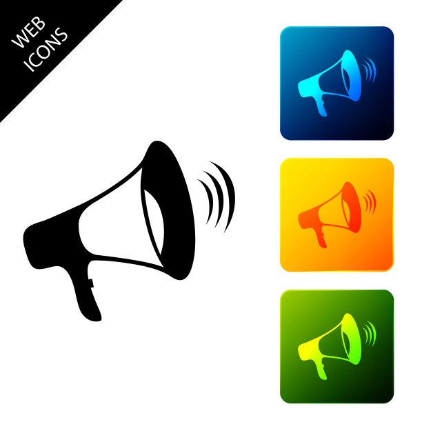 扩音器图标孤立的白色背景。设置图标彩色的方形按钮。矢量图图片下载