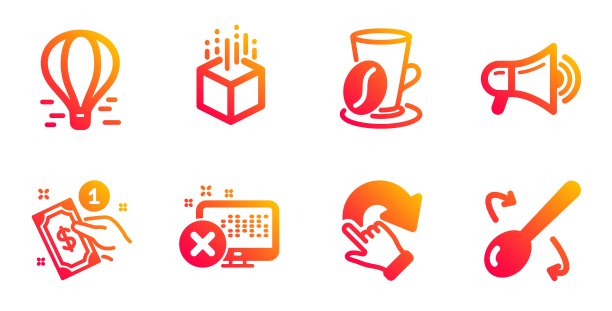 扩音器，咖啡杯和气球图标设置。拒绝进入，增强现实和旋转手势标志。向量图片下载