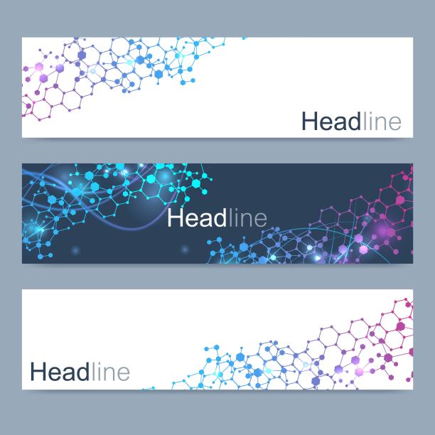 科学的现代矢量横幅。DNA分子结构与连接的线和点。科技理念。波浪流图形背景为您的设计。矢量插图。图片下载