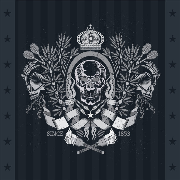头骨前面的观点在中央月桂花环与十字火炬和箭。黑板上的纹章复古标签图片下载