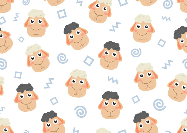 无缝模式的可爱面孔卡通黑白羊与涂鸦形状的背景图片下载