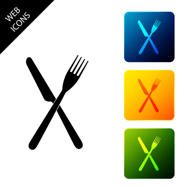 交叉叉和刀的图标孤立。餐厅图标。设置图标彩色的方形按钮。矢量图图片下载