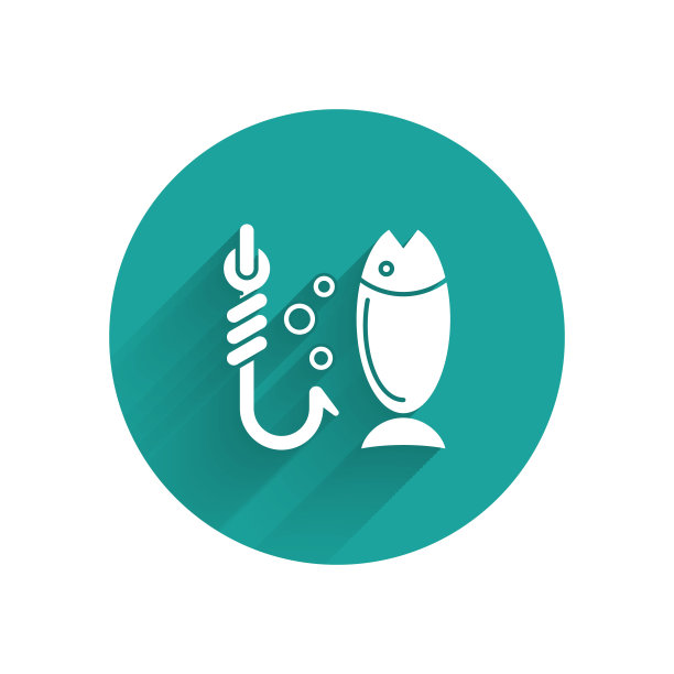 白色钓鱼图标孤立与长影子。鱼和钩。策略的概念。诱饵的迹象。绿色圆圈按钮。矢量图图片下载