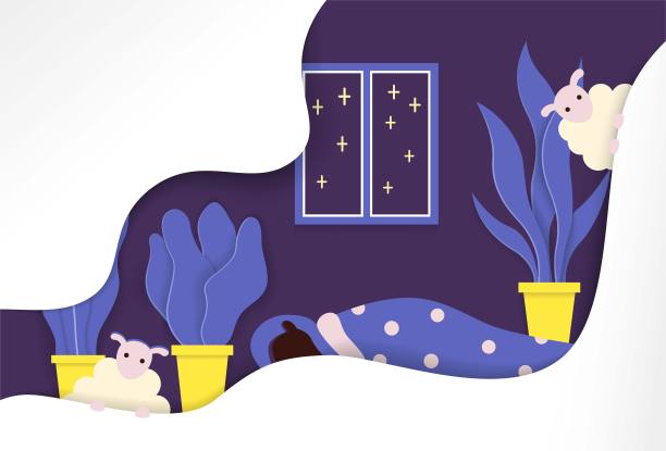 卧室夜晚的分层剪纸插画。毯子下面的绵羊和孩子图片下载