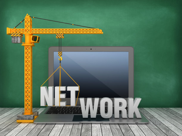 塔吊和笔记本电脑与网络字黑板背景- 3D渲染图片下载