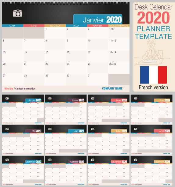 2020年有用的台历，有空间放置照片。尺寸:210毫米x148毫米法语版本图片下载