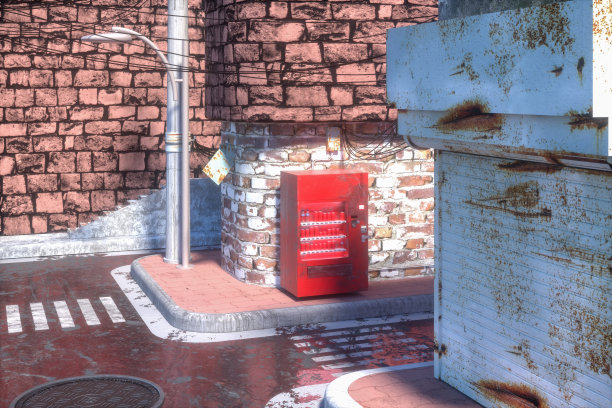 复古的城市街道与路边的砖砌建筑，3d渲染。图片下载