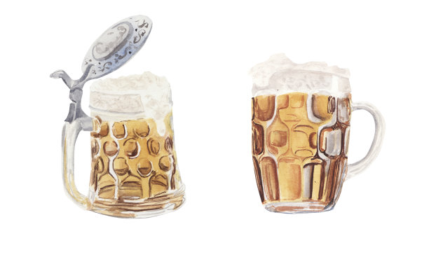 手绘水彩画与马克杯和啤酒杯孤立在白色背景。图片下载