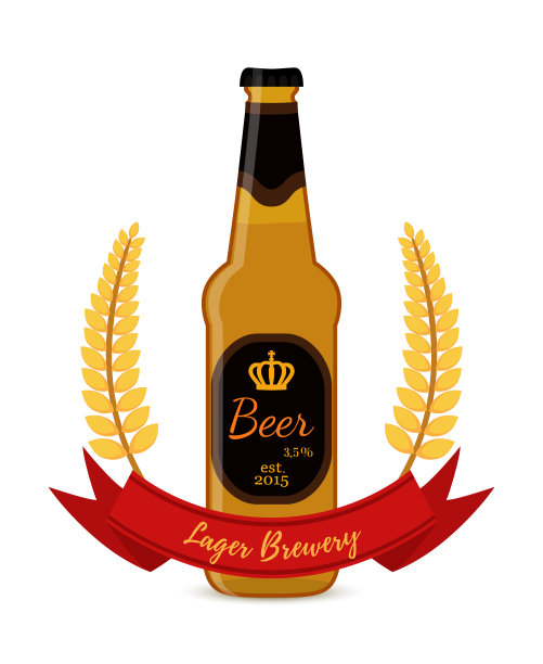 向量啤酒瓶与小麦和红丝带图片下载