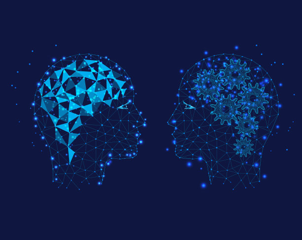 齿轮和大脑，理性和创造性思维的人。人的思维概念，思维过程的形象化，思想的诞生。多边形插图的三角形和点在蓝色的背景。图片下载