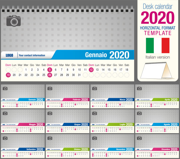 有用的桌面三角形日历2020模板，用空间放置照片。尺寸:22厘米x12厘米。格式水平。意大利版图片下载