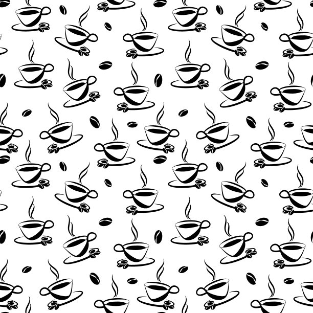 黑白咖啡杯和咖啡豆无缝图案图片下载
