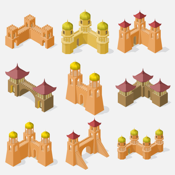 在等距视图中设置要塞建筑元素。图片下载