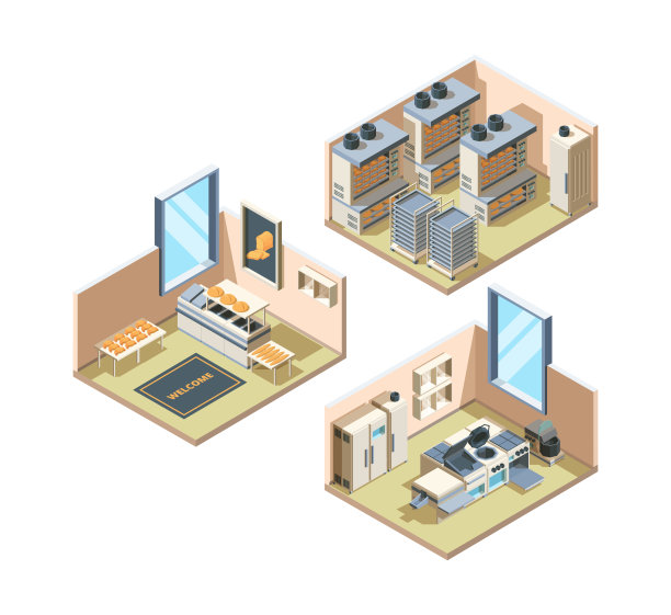 面包店内部。烘焙食品面包工业生产新鲜糕点货架食品面包市场矢量等距内饰图片下载