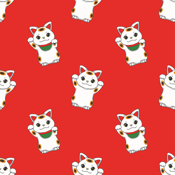 无缝图案与可爱的传统日本“Maneki Neko”眨着幸运的红色背景图片下载