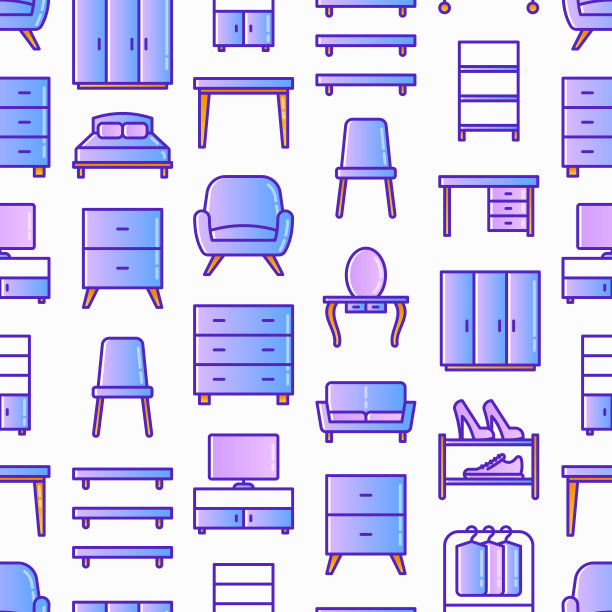 家具无缝图案细线图标:梳妆台，沙发，扶手椅，衣柜，椅子，桌子，书柜，床，衣架，书桌，壁架。室内元素。矢量插图。图片下载